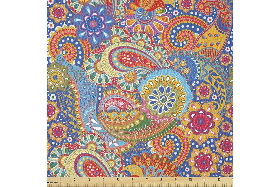 Lunarable Asian Fabric by The Yard, Colorful Paisley Floral Pattern Classical Ornamental Medieval Art, Stretch Knit Fabric for Clothing Sewing and Arts Crafts, 3 Yards, Green Mustard
