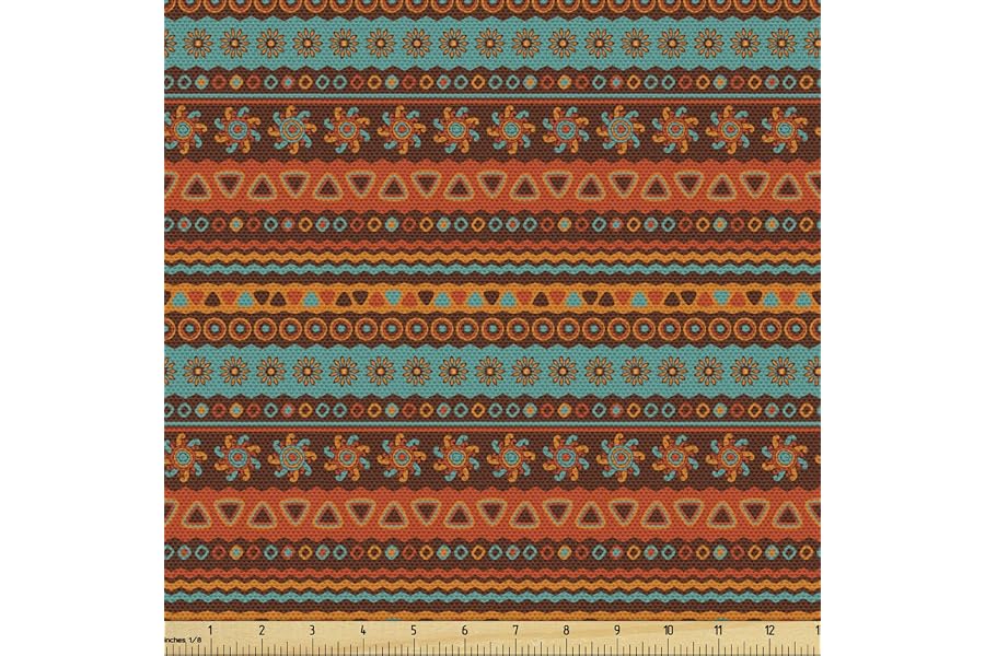 Lunarable Aztec Fabric by The Yard, Floral Arrangement in Colorful Abstract Work of Art Latin Culture, Decorative Fabric for Upholstery and Home Accents, 3 Yards, Marigold Brown