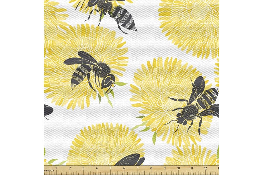 Lunarable Dandelion Fabric by The Yard, Bees on Wildflower Spring Season Flora and Fauna Illustration, Decorative Fabric for Upholstery and Home Accents, 3 Yards, Charcoal Grey