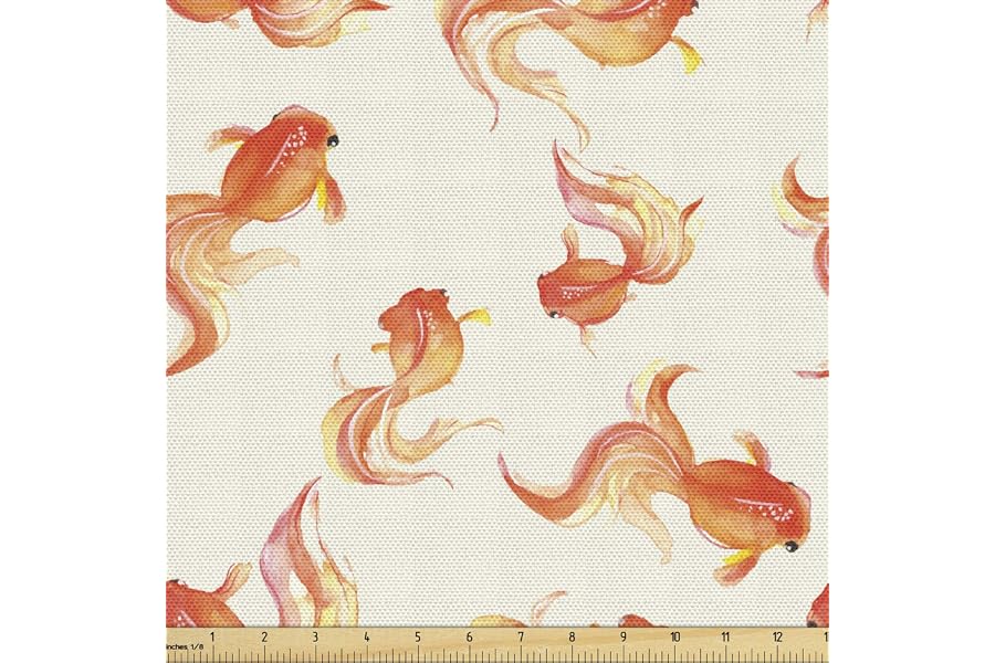 Lunarable Fish Fabric by The Yard, Goldfish with Bubble Eye Pattern Illustration with Sea Animals Print, Decorative Fabric for Upholstery and Home Accents, 3 Yards, Beige Orange