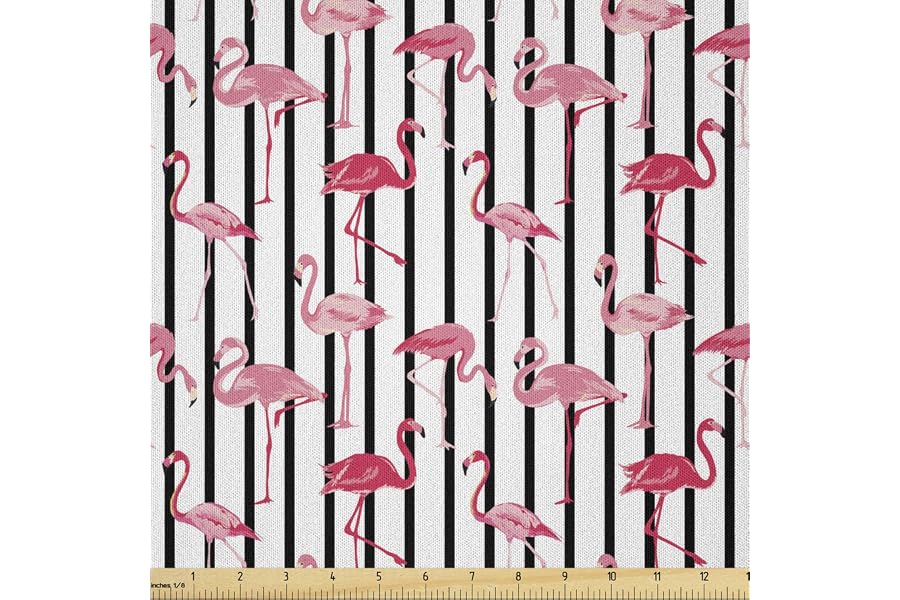 Lunarable Flamingo Fabric by The Yard, Flamingo Birds Pattern on Vertical Striped Background Tropical Garden Wild Nature, Microfiber Fabric for Arts and Crafts Textiles Decor, 3 Yards, Pink Black