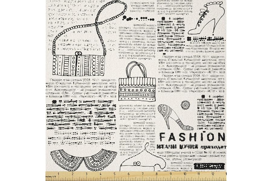Lunarable Old Newspaper Fabric by The Yard, Vintage Fashion Themed Shoes Handbag Purses with Ornate Details Retro, Stretch Knit Fabric for Clothing Sewing and Arts Crafts, 2 Yards, Cream Black