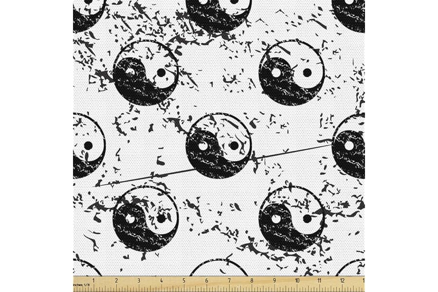 Lunarable Yin Yang Fabric by The Yard, Grunge Monochrome Oriental Yin and Yang Pattern with Worn Out Stained Backdrop, Decorative Fabric for Upholstery and Home Accents, 2 Yards, White Charcoal