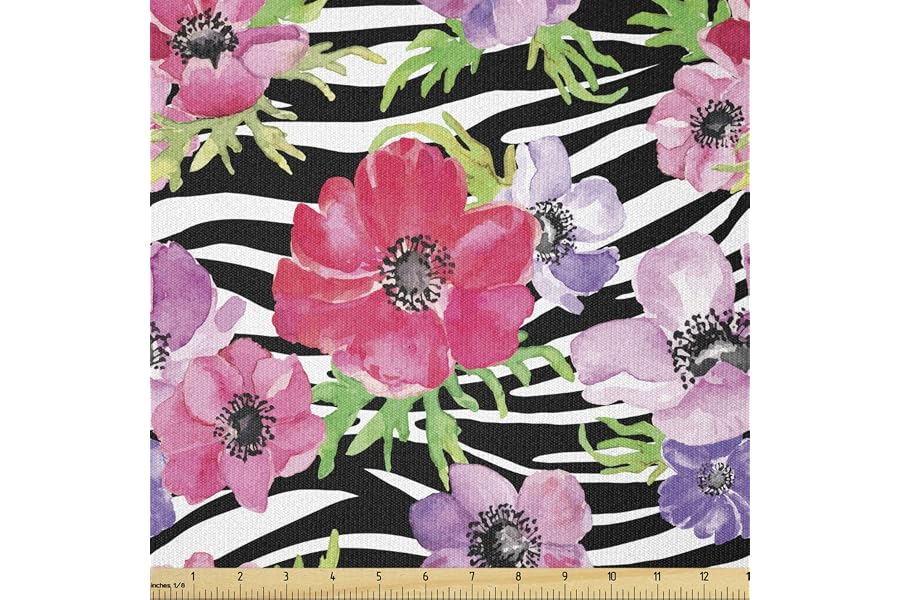Lunarable Zebra Print Fabric by The Yard, Tropical Flowers in Summer Garden Blooms Leaves on Zebra Pattern, Stretch Knit Fabric for Clothing Sewing and Arts Crafts, 2 Yards, Cream Charcoal