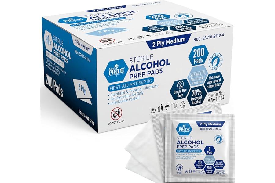 MED PRIDE Sterile Alcohol Prep Pads, Antiseptic, 70% Isopropyl, Individually Wrapped, Medical Grade 2 Ply Wipes (200 Count (Pack of 1) White)