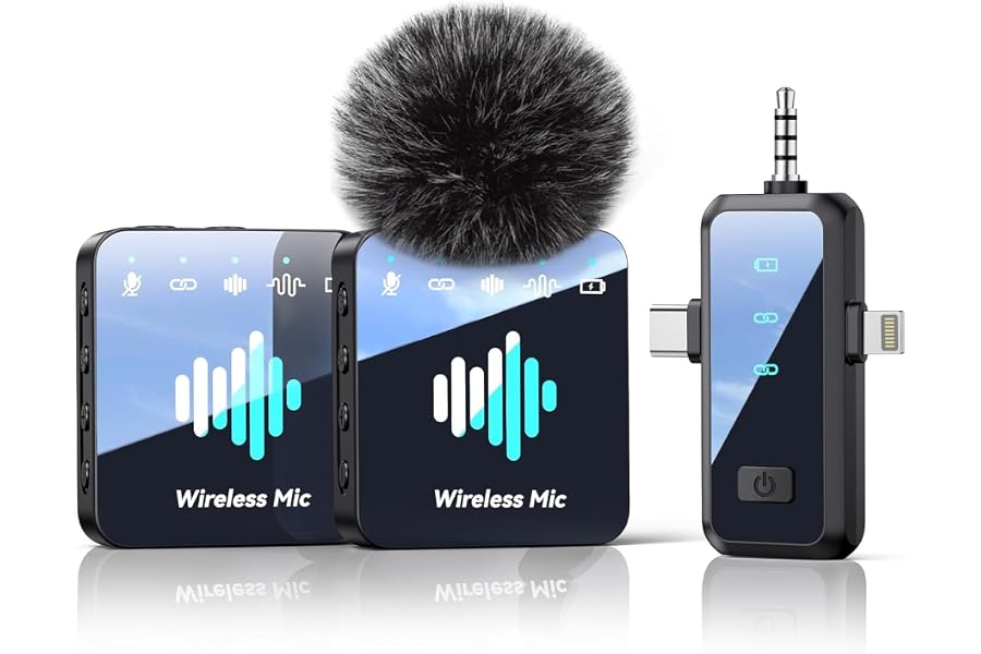 MENERESAS Wireless Microphone for iPhone: 40dB Noise Canceling Mini Mic with 20Hz-20kHz Audio, 328ft Range, 20H Battery, 3-in-1 Lavalier Microphone for Video Recording