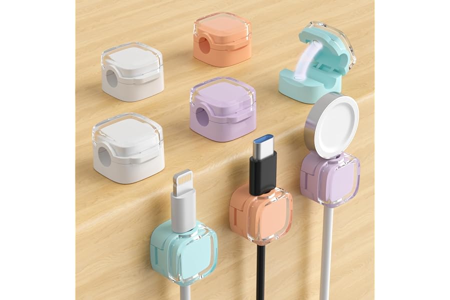 Magnetic Cable Clips, Adjustable Cord Holder Management, Adhesive Wire Keeper Organizer for Home Office Desk Phone PC Car Wall Desktop Nightstand Appliance (8-Pack Crystal Multicolor)