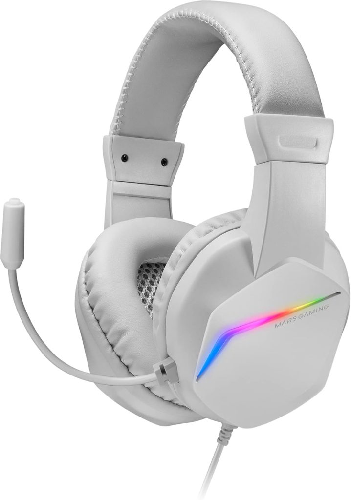Mars Gaming MH122, Cascos Gaming FRGB Over Ear con Micrófono, Sonido HiFi, Cancelación de Sonido, Ultraligeros, PS4 PS5 Xbox Switch Switch 2 Tablet Windows Mac, Blanco