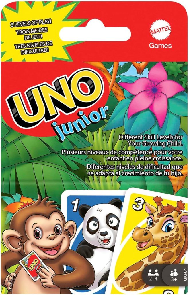 Mattel Games UNO Junior Jeu de Cartes pour Enfants 3 Ans et Plus, 2-4 Joueurs | Jeu de cartes éducatif pour enfants d'âge préscolaire à 3 niveaux, pour les jeunes enfants et les soirées en famille, GKF04
