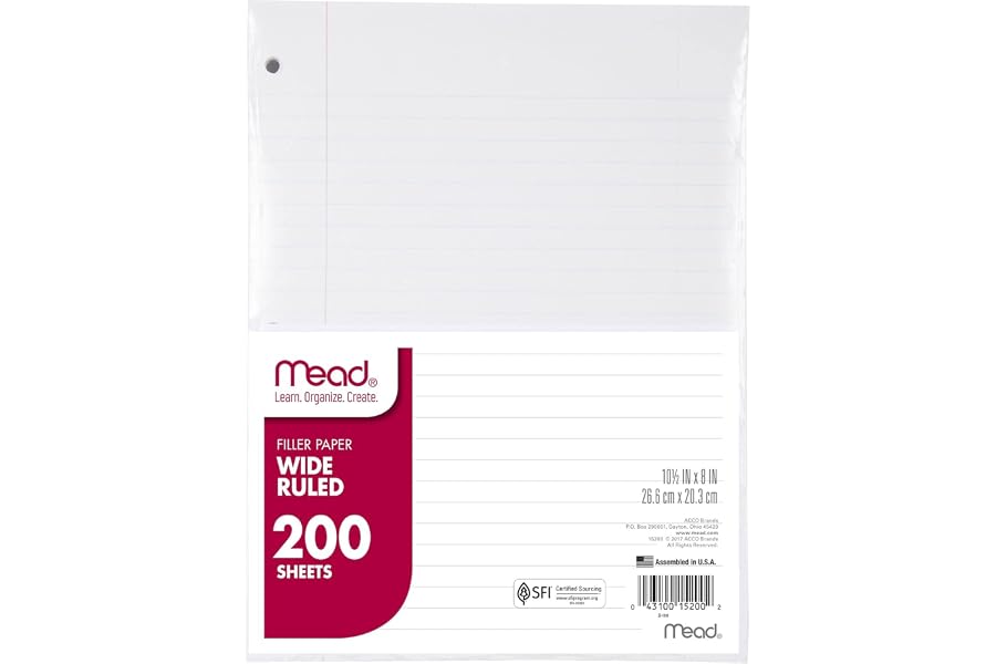 Mead Loose Leaf Paper, Wide Ruled Filler Notebook Paper, 8" x 10-1/2", 200 Sheets, Fits 3-Ring Binder (15200)