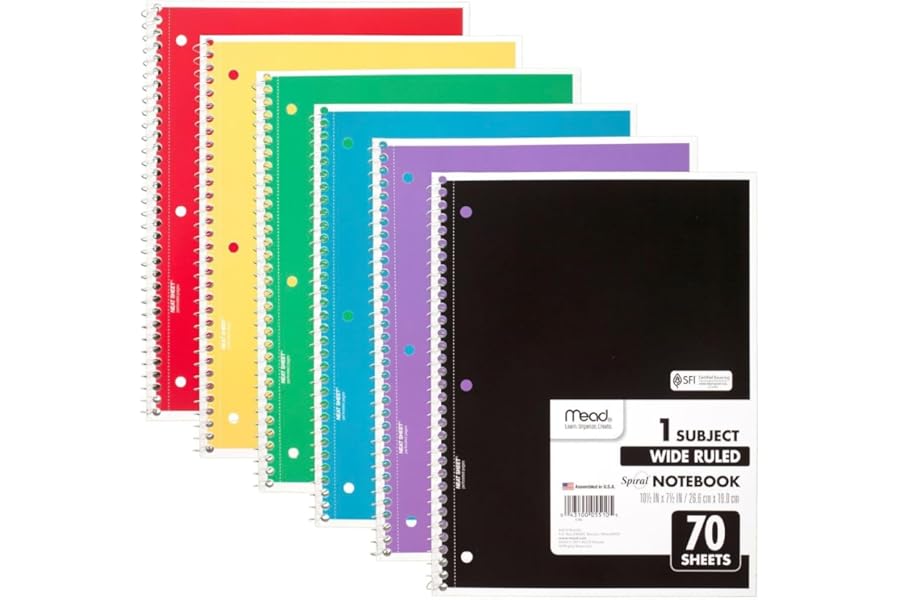 Mead Spiral Notebook, 6 Pack, 1 Subject, Wide Ruled Paper, 7-1/2" x 10-1/2", 70 Sheets per Notebook, Colors Will Vary (930201-ECM25)