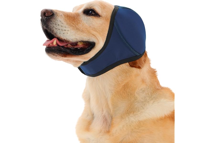 Meifsou Dog Head Wrap - Quiet Ears for Anxiety, Waterproof Dog Calming Hood, No Shake Ear Cover Snoods for Thunder, Lightning, Fireworks, Vet Visits, Polyester and SBR Diving Fabric, Navy Blue, Large