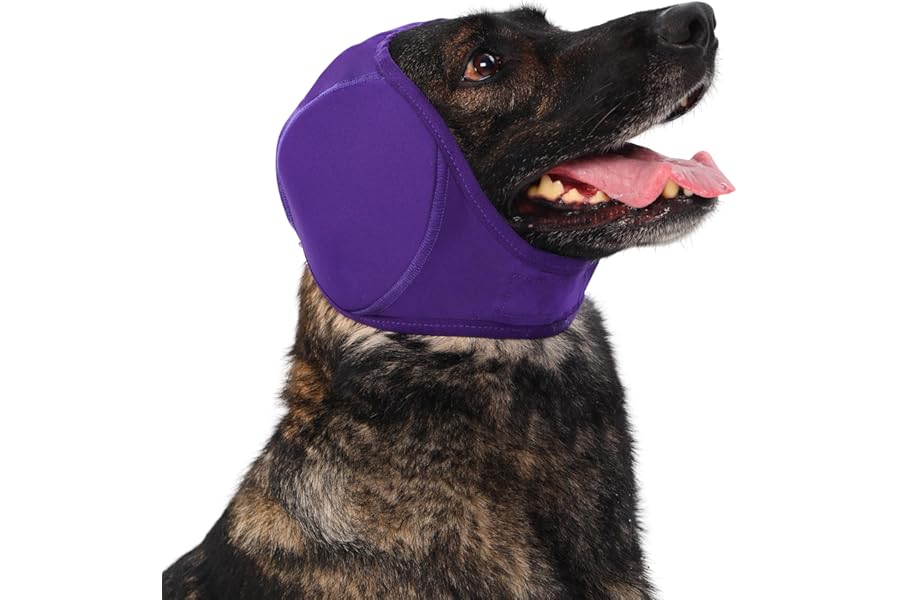 Meifsou Quiet Ears for Dogs - Dog Head Wrap for Anxiety, Waterproof Calming Hood, No Shake Ear Cover Snoods for Thunder, Lightning, Fireworks, Grooming, Polyester and SBR Diving Fabric, Dark Purple, L