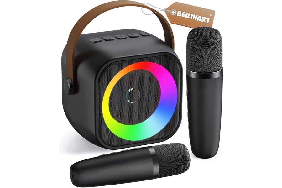 Mini Karaoke Machine, Portable Bluetooth Karaoke Speaker with 2 Wireless Microphones and Party Lights for Kids and Adults, Birthday Gifts for Girls Boys Family Home Party
