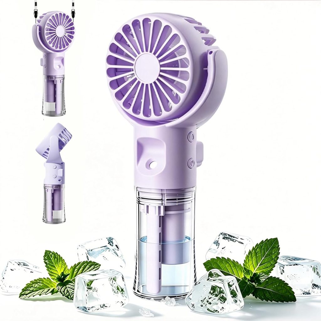Mini Ventilateur Portable, Ventilateur Brumisateur, Ventilateur de Poche USB Rechargeable avec 4 Vitesses Réglables et Brume D'eau, Ventilateur Portable Silencieux pour Maison, Bureau, Voyage (Violet)
