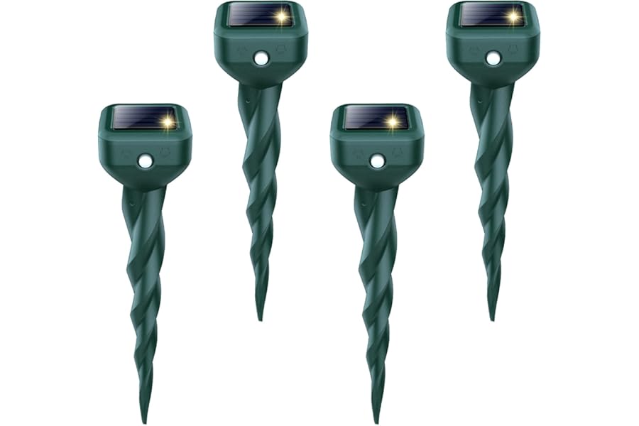 Mole Repellent Solar Powered, 4 Pack Snake & Skunk Repellent for Yard, IP 65 Waterproof Ultrasonic Deterrent Stakes, Get Rid of Rabbit, Gopher, Vole, Chipmunk, Deer, Groundhog for Lawns Garden