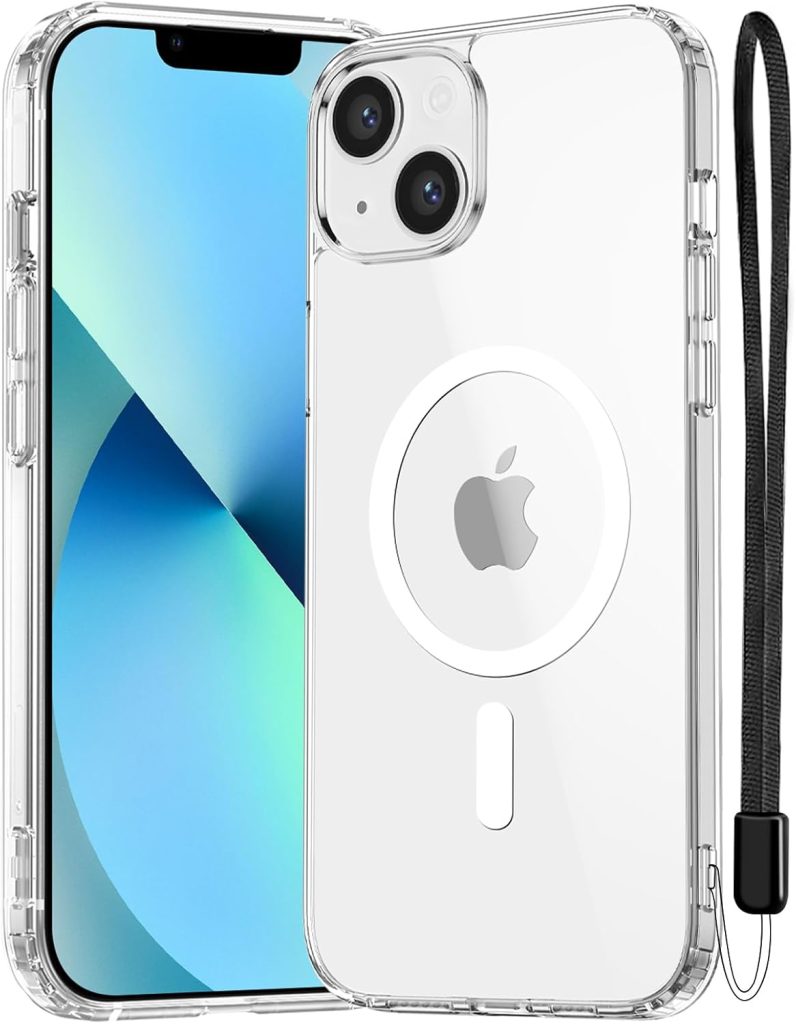 NEW'C Magnétique Coque pour iPhone 14, iPhone 13 (6,1 Pouces), Compatible avec MagSafe Antichoc Ultime avec Cordon – Etui Fine - Magnétisme Puissant et Protection Militaire - Transparent