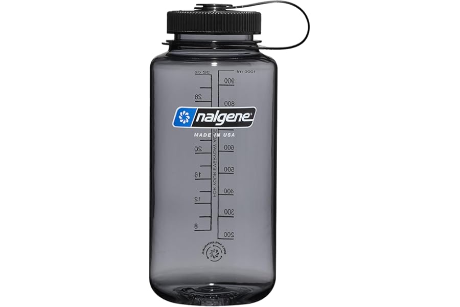 Nalgene 32 oz Wide Mouth Water Bottle, Gray w/ Black Lid | BPA-Free, Durable & Lightweight, Leak Proof, Dishwasher Safe, Large Reusable Plastic Bottle for Hiking, Gym, Work & Travel