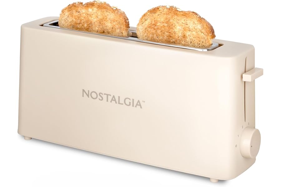 Nostalgia Slim 2-Slice Toaster – Wide Slot – Space-Saving Design – Adjustable Browning Dial – 10-inch Long Slot Fits 2 Slices of Bread or Bagel Halves – Drop-down Crumb Tray – Oatmeal