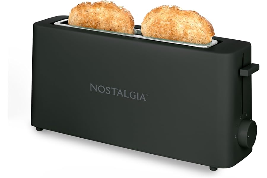 Nostalgia Slim 2-Slice Toaster – Wide Slot – Space-Saving Design – Adjustable Browning Dial – 10-inch Long Slot Fits 2 Slices of Bread or Bagel Halves – Drop-down Crumb Tray – Blackberry