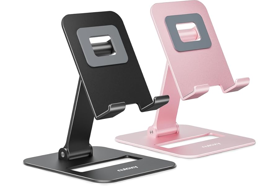 Nulaxy 2 Pack Dual Folding Cell Phone Stand, Fully Adjustable Phone Holder for Desk, Compatible with iPhone 17 16 15 14 13 12 11, Nintendo Switch, All Phones, Black & Rose Gold
