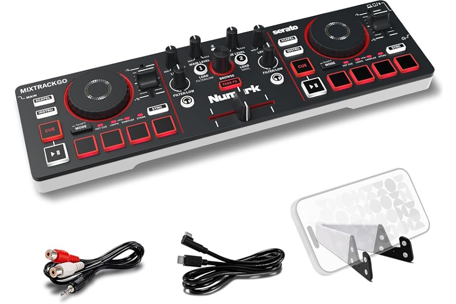 Numark MixTrack Go Compact Bluetooth DJ Controller with Stems Control | 2-Deck DJ Mixer, for Beginners & Mobile DJs, Smart Fader, USB-C, Serato DJ Lite & Algoriddim djay Included, Gen 4