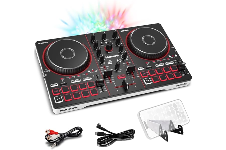 Numark Party Mix III Bluetooth DJ Controller with Built-in Lights | Beat Assist, Smart Fader, 16 Pads, 2 Deck DJ Mixer, Stems Control, USB-C, Serato DJ Lite and Algoriddim djay Included