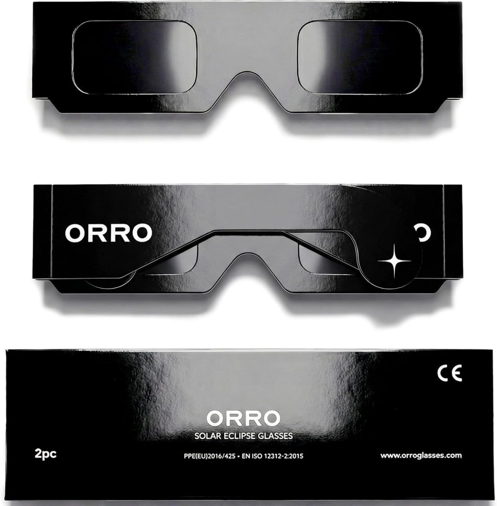 ORRO Gafas para Eclipse Solar de 37 mm, Pack de 2/6/12/50, Negras, Protección Ocular Certificada, Ensayadas según EN ISO 12312-2:2015, Marcado CE para Observación Directa del Sol - Ajuste Clásico