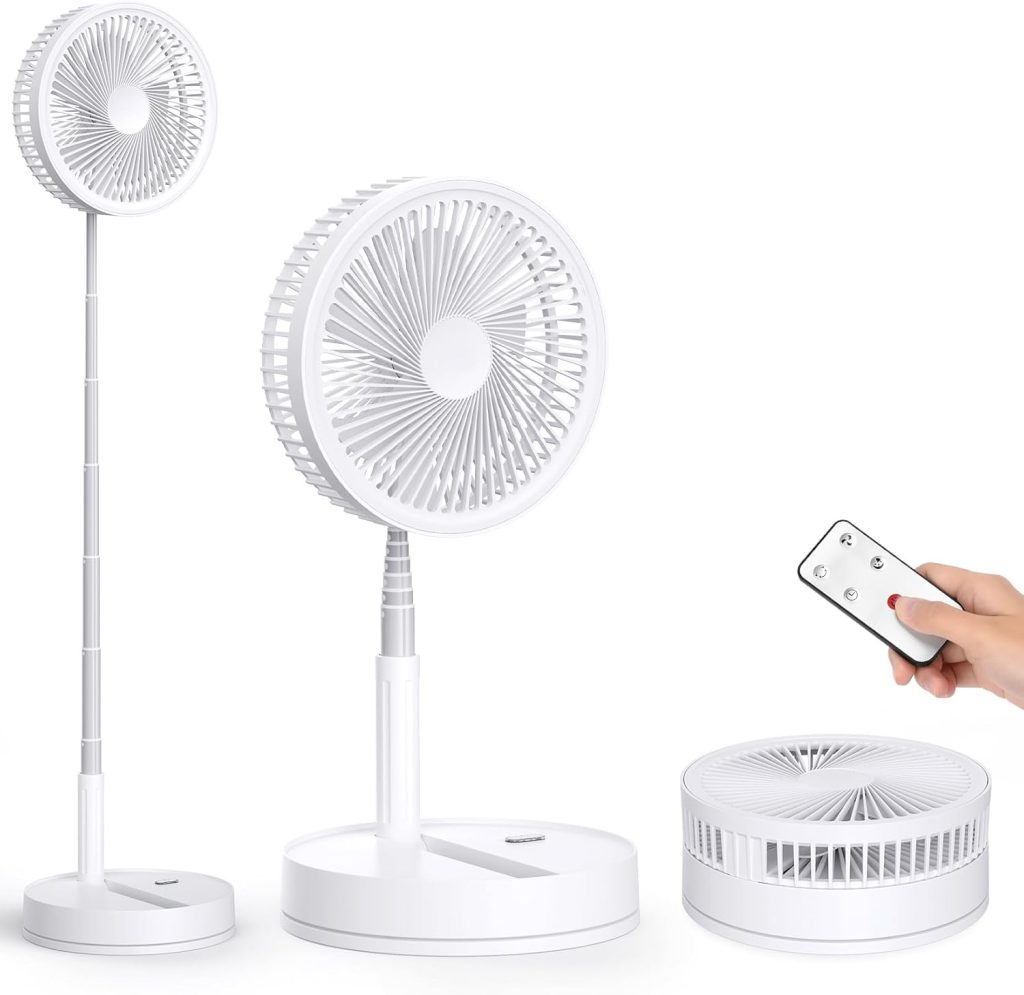 Oscillant Ventilateur sur Pied Silencieux avec Télécommande, 8.6'' Portable Pliable Sol/Table Ventilateurs 4 Vitesses/Timer, 8000mAh USB Rechargeable Piédestal Fan pour Chambre Bureau Camping Voyage