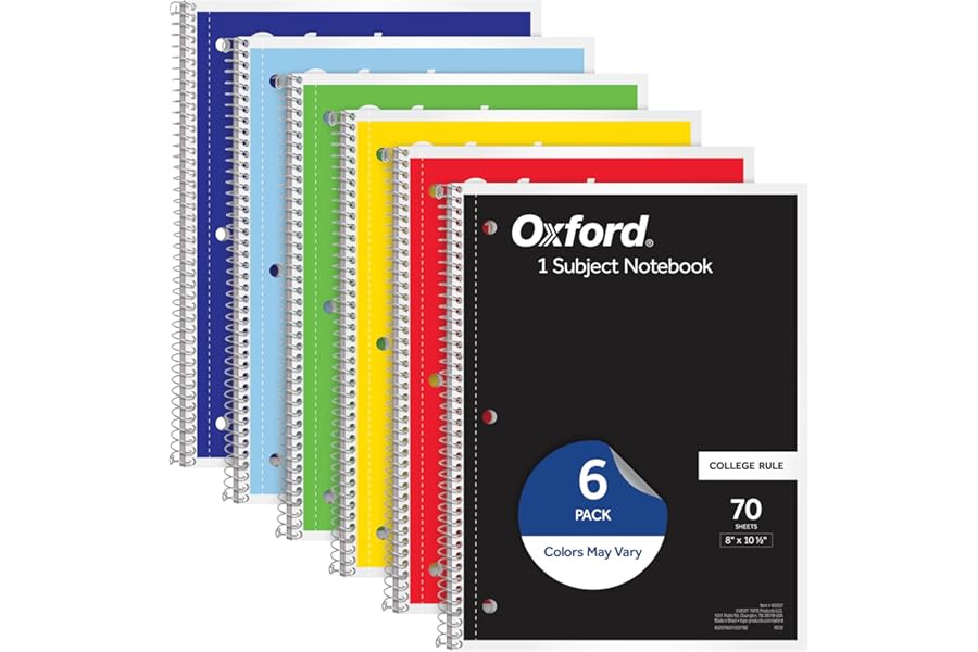 Oxford Spiral Notebook 6 Pack, 1 Subject, College Ruled Paper, 8 x 10-1/2 Inch, Color Assortment Design May Vary (65007)