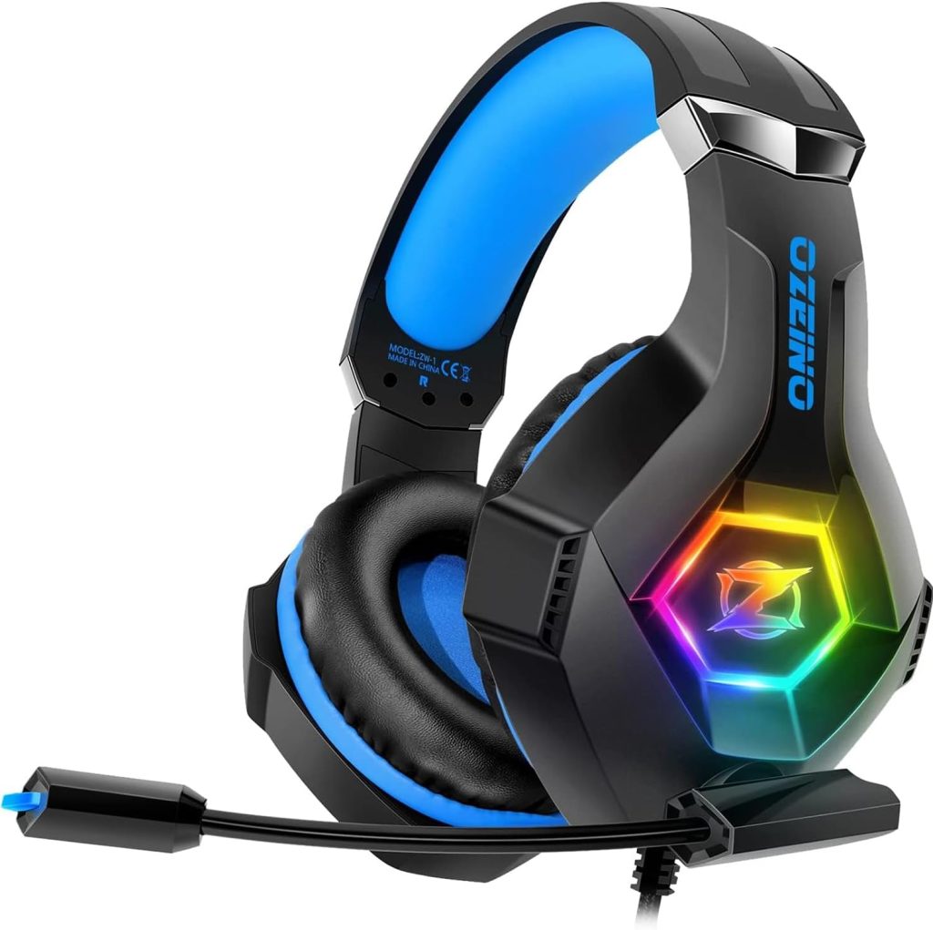 Ozeino Cascos Gaming, Auriculares Gaming con Micrófono Rotatorio, Luz RGB, Premium Stereo, Orejeras Ligero Cómodo, para Ps4 Ps5 Xbox PC Switch Tableta Laptop