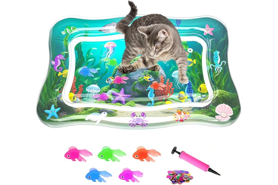 PANRIO Interactive Cat Toy for Indoor Cats, Upgraded Cat Water Mat, Thickened Water Sensory Play Mat with Fish, Enrichment St
