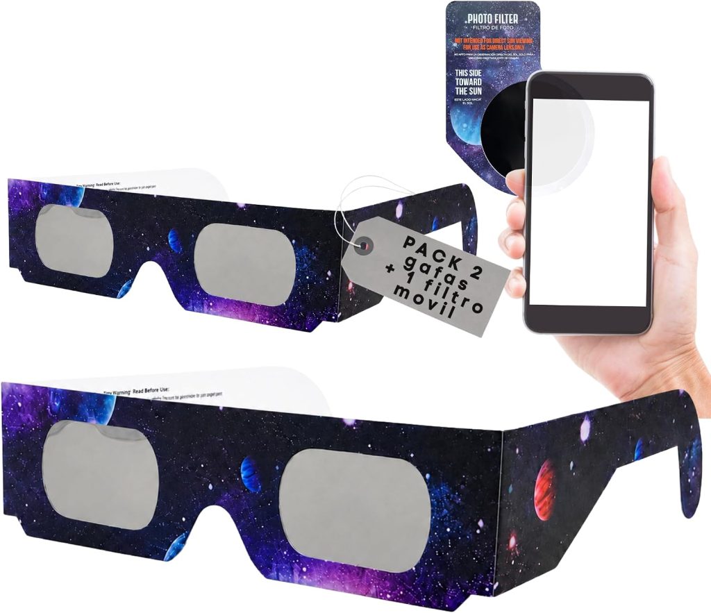 Pack 2 gafas eclipse solar homologadas iso 12312-2 CE + filtro teléfono|Visión Segura del Sol y Tránsitos. Gafas de eclipse solar total 12 de Agosto 2026, Europa, España, Portugal, Francia, Alemania
