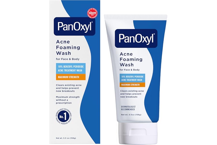 PanOxyl 10% Benzoyl Peroxide Acne Foaming Wash, Maximum Strength, Daily Acne-Fighting Face and Body Cleanser, Face Wash to Clear, Treat and Prevent Acne Pimples and Stubborn Breakouts, 5.5 Oz Tube
