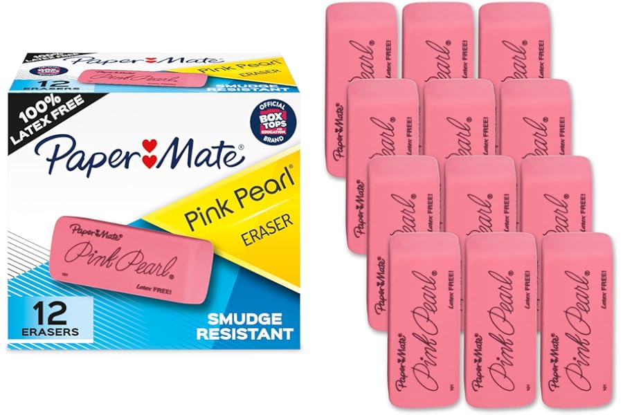 Paper Mate Erasers, Pink Pearl, 12 Count - Latex Free and Smudge Resistant, Back to School, Teacher Supplies