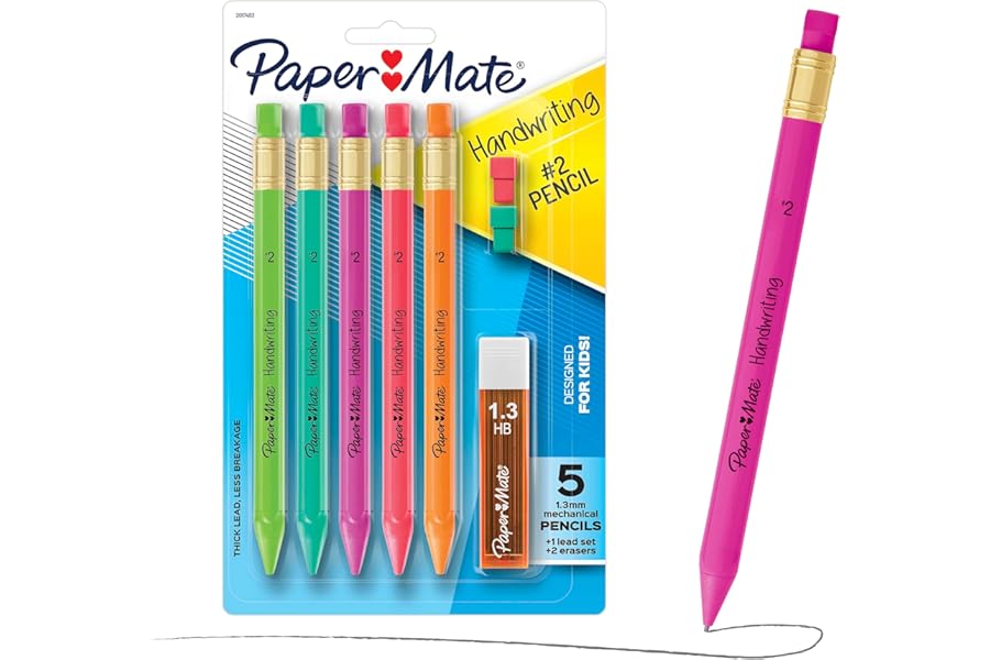 Paper Mate Handwriting Triangular Mechanical Pencils with Lead & Eraser Refills, 1.3mm, Fun Barrel Colors, 5 Count - School Supplies, Kids Writing