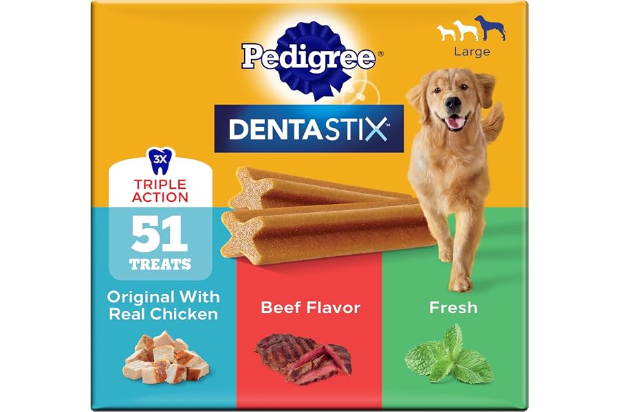 Pedigree Dentastix Large Breed Dog Dental Treats, Variety, 51 Count | Original, Beef & Fresh Flavors, triple action dental care, reduces tartar, cleans teeth, freshens breath, for dogs 40+ lbs