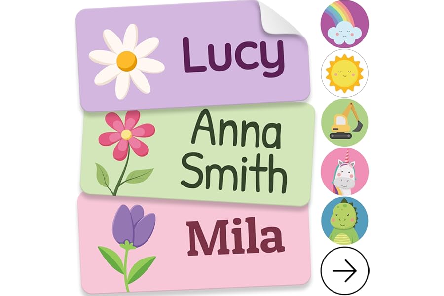 Personalized Name Labels for Kids (70 Labels) - Durable & Waterproof Custom Name Stickers for Clothing Tags, School Supplies, Camp & Daycare - Flowers (1.2”x0.5”)