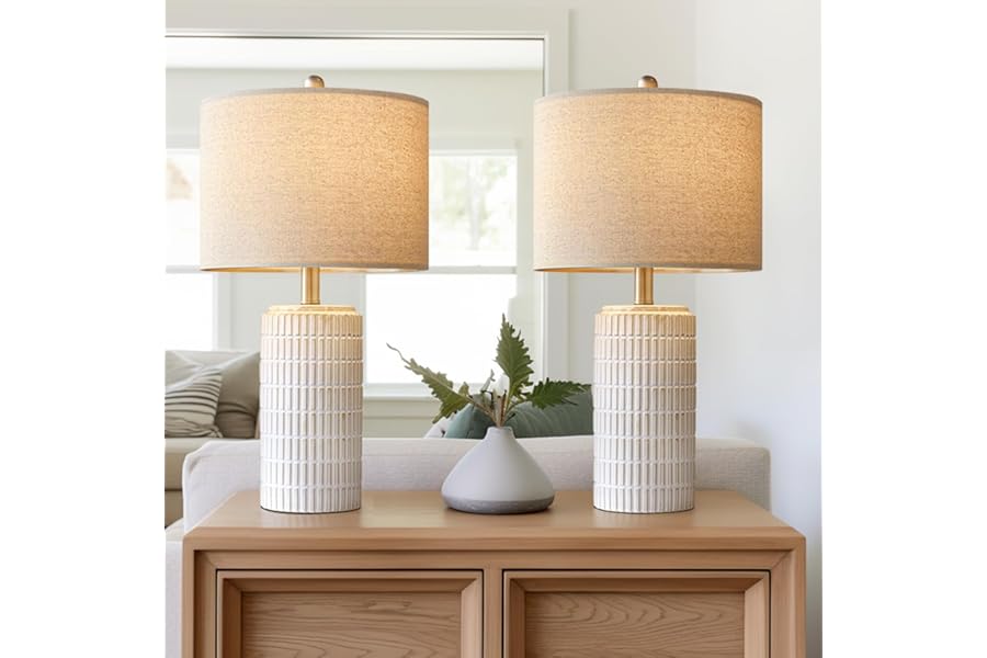 PoKat 23" Modern Ceramic Table Lamp Set of 2 for Living Room White Desk Lamps for Bedroom Farmhouse Bedside Nightstand Lamp H