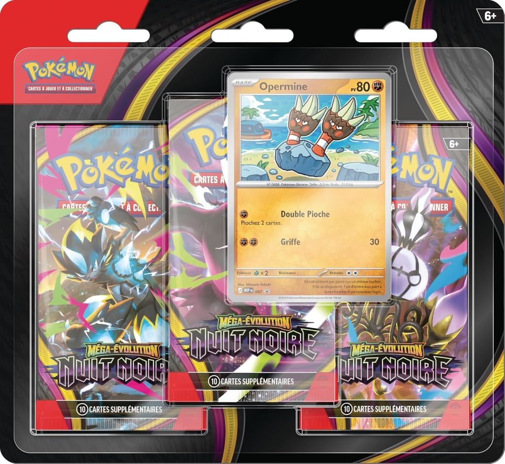 Pokémon : Blister de Trois boosters Méga-Évolution – Nuit Noire (1 Carte Promo Brillante et 3 boosters)