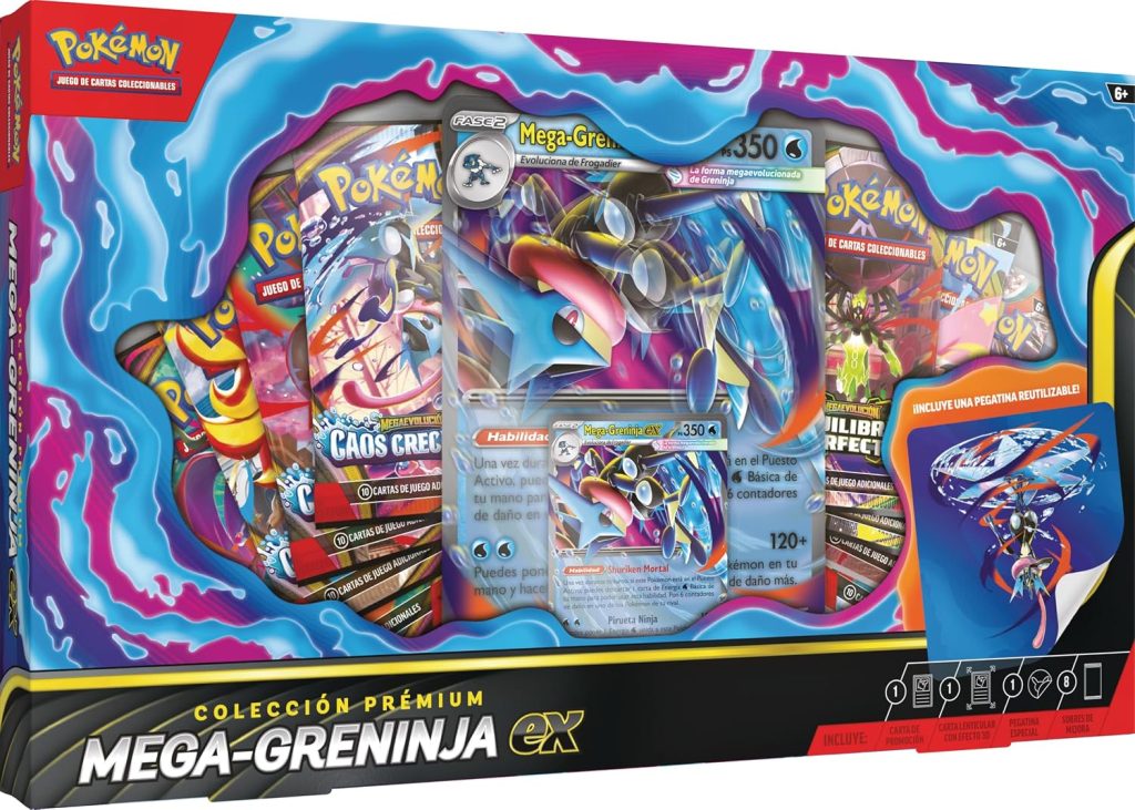 Pokémon: Colección prémium Mega-Greninja ex (1 Carta holográfica de promoción, 1 Carta de promoción de Gran tamaño con Efecto 3D y 8 Sobres de Mejora)