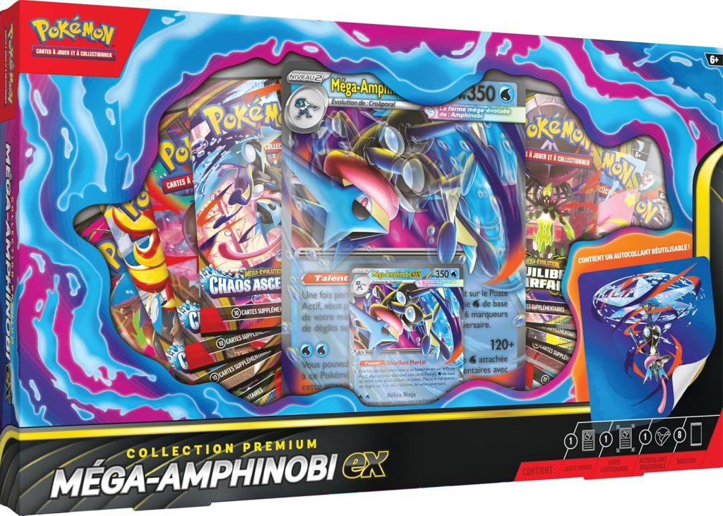 Pokémon : Collection Premium Méga-Amphinobi-ex (1 Carte Promo Brillante, 1 Carte Promo Grand Format lenticulaire et 8 boosters) du JCC Pokémon