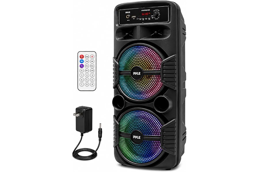 Portable Bluetooth PA Speaker System - 600W Rechargeable Outdoor Bluetooth Speaker Portable PA System w/Dual 8” Subwoofer 1” Tweeter, Microphone in, Party Lights, USB, Radio, Remote - Pyle PPHP2835B
