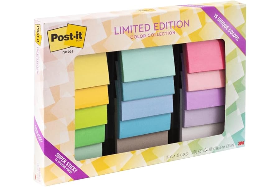 Post-it Super Sticky Notes, 3 x 3 in, Assorted Brights, 15 Pads | School Supplies and Oﬃce Supplies, 2X the Sticking Power