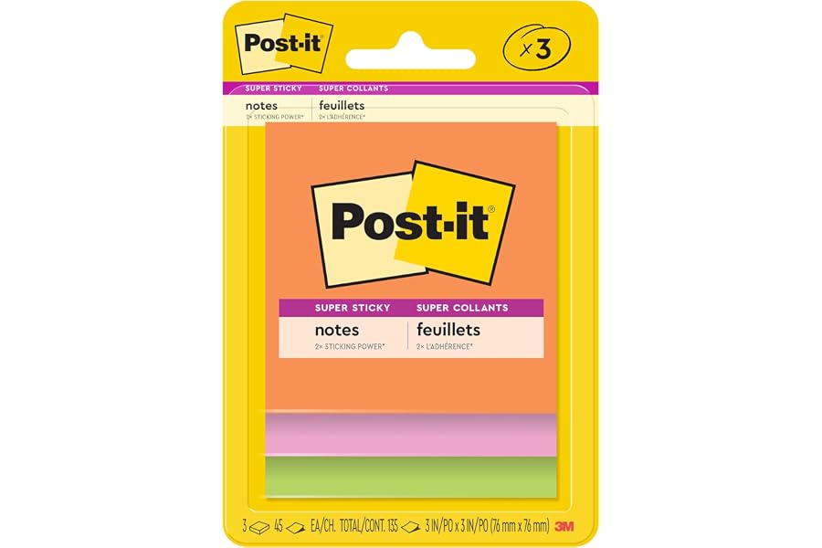 Post-it Super Sticky Notes, 3 x 3 in, Neon Fizz, 3 Pads, 45 Sheets/Pad | School Supplies and Oﬃce Supplies, 2X the Sticking Power