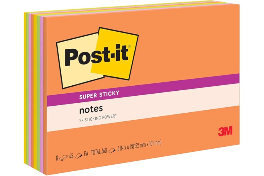 Post-it Super Sticky Notes, 6 x 4 in, Neon Fizz, 8 Pads, 45 Sheets/Pad | School Supplies and Oﬃce Supplies, 2X the Sticking Power
