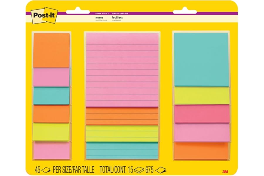 Post-it Super Sticky Notes, Multi-Size, Supernova Neons, 15 Lined Pads | School Supplies and Oﬃce Supplies, 2X the Sticking Power