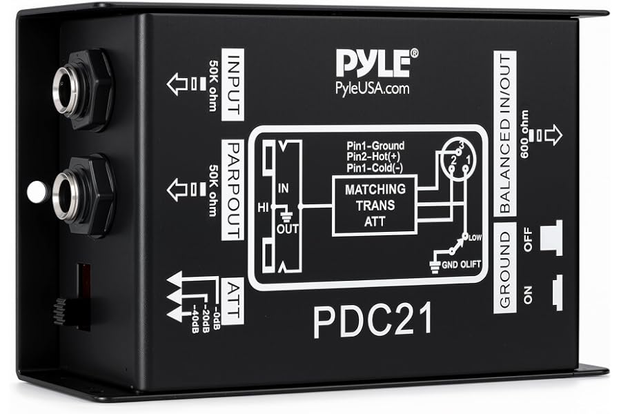 Premium Direct Injection Audio Box - Passive DI Unit Hum Eliminator w/Input Attenuator to Connect Guitar & Bass, 1/4'' Impeda