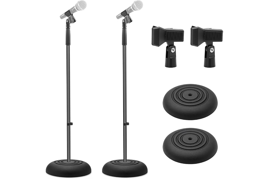 Pyle Universal Microphone Stand - Handheld Mic Compatible, Heavy Compact Base, Lightweight & Compact Design, 2.8 to 5 Ft Height Adjustable Clamp, Pivot Angle Clip, Home/Studio Use (Pair)
