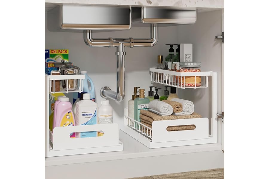 REALINN Under Sink Organizer, Pull Out Cabinet Organizer, 2 Tier Metal Slide Out Shelf with L Shaped Design for Kitchen, Bathroom, Laundry, and Utility Cabinet Storage for Deep Cabinets, White, 2 Pack